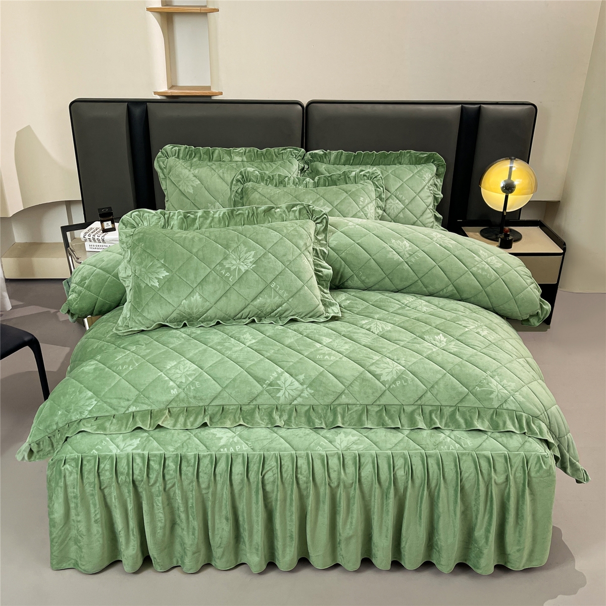 屹成家纺 2025新款压花水晶绒床裙四件套 (四件套不低于210元起) 橄榄绿