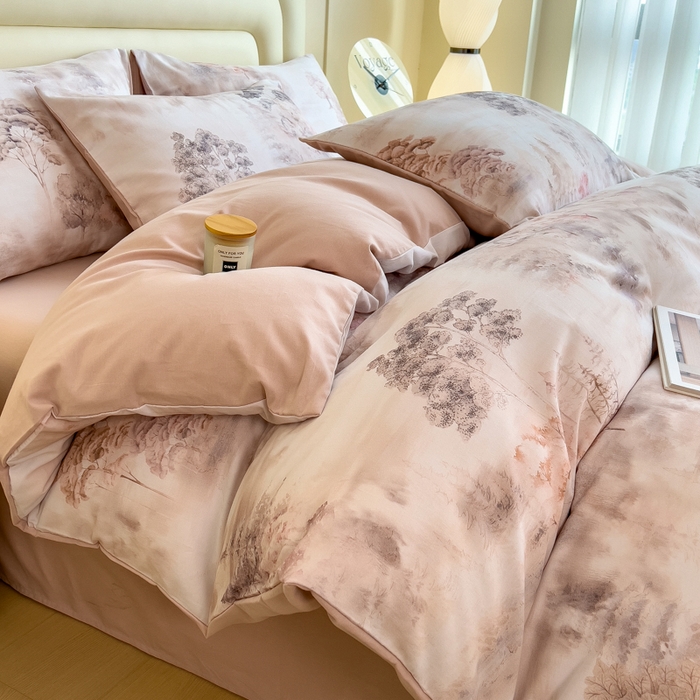 91家纺网 家纺一手货源 找家纺 印季家纺 2025新款数码印花全棉纯棉加厚磨毛四件套 雨若青烟（粉）