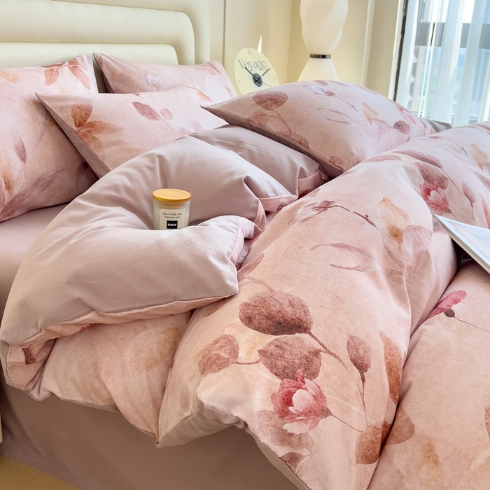 91家纺网 家纺一手货源 找家纺 印季家纺 2025新款数码印花全棉纯棉加厚磨毛四件套 云初（粉）