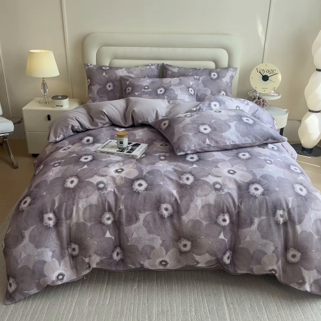 91家纺网 家纺一手货源 找家纺 印季家纺 2025新款数码印花全棉纯棉加厚磨毛四件套 暗影（灰）