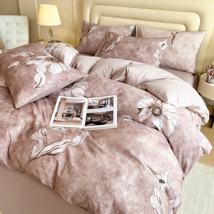 91家纺网 家纺一手货源 找家纺 印季家纺 2025新款数码印花全棉纯棉加厚磨毛四件套 浮生（粉）