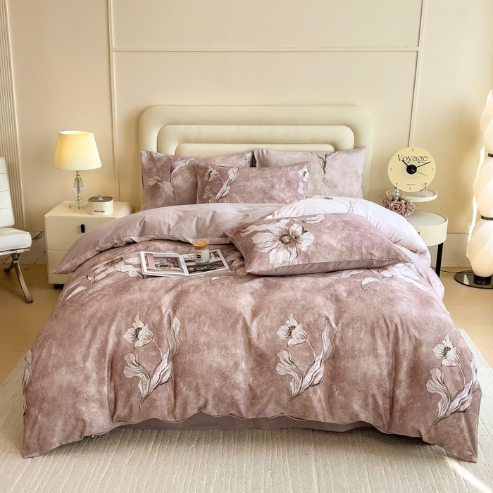 91家纺网 家纺一手货源 找家纺 印季家纺 2025新款数码印花全棉纯棉加厚磨毛四件套 浮生（粉）