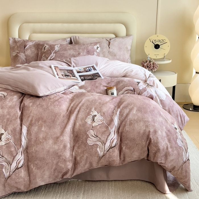 91家纺网 家纺一手货源 找家纺 印季家纺 2025新款数码印花全棉纯棉加厚磨毛四件套 浮生（粉）