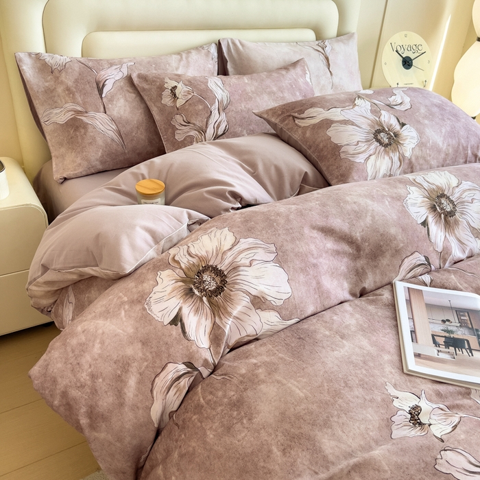 91家纺网 家纺一手货源 找家纺 印季家纺 2025新款数码印花全棉纯棉加厚磨毛四件套 浮生（粉）