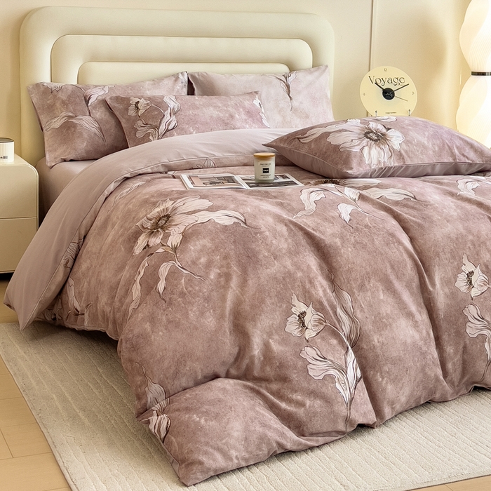 91家纺网 家纺一手货源 找家纺 印季家纺 2025新款数码印花全棉纯棉加厚磨毛四件套 浮生（粉）