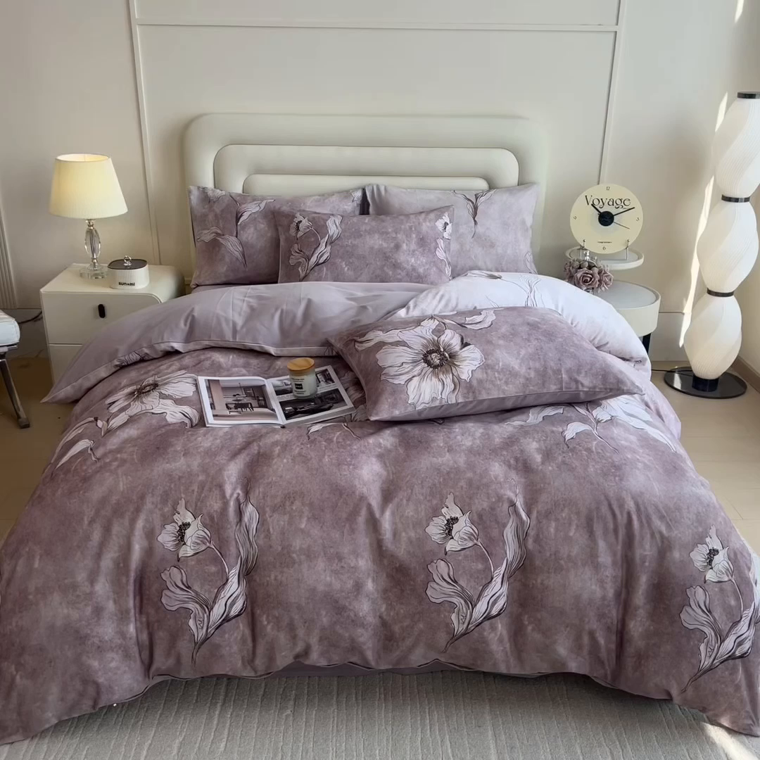 91家纺网 家纺一手货源 找家纺 印季家纺 2025新款数码印花全棉纯棉加厚磨毛四件套 浮生（粉）