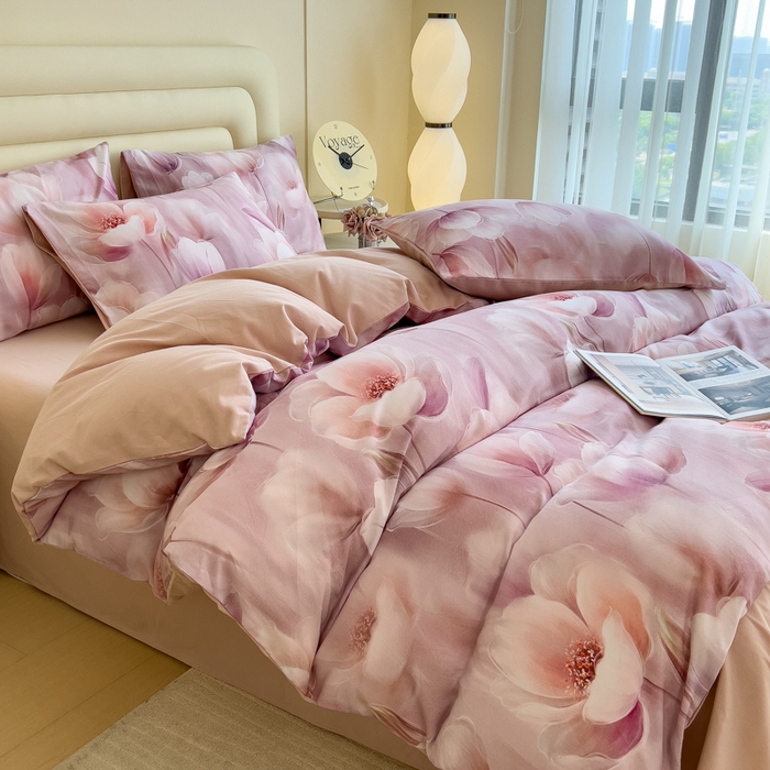 91家纺网 家纺一手货源 找家纺 印季家纺 2025新款数码印花全棉纯棉加厚磨毛四件套 花海（粉）