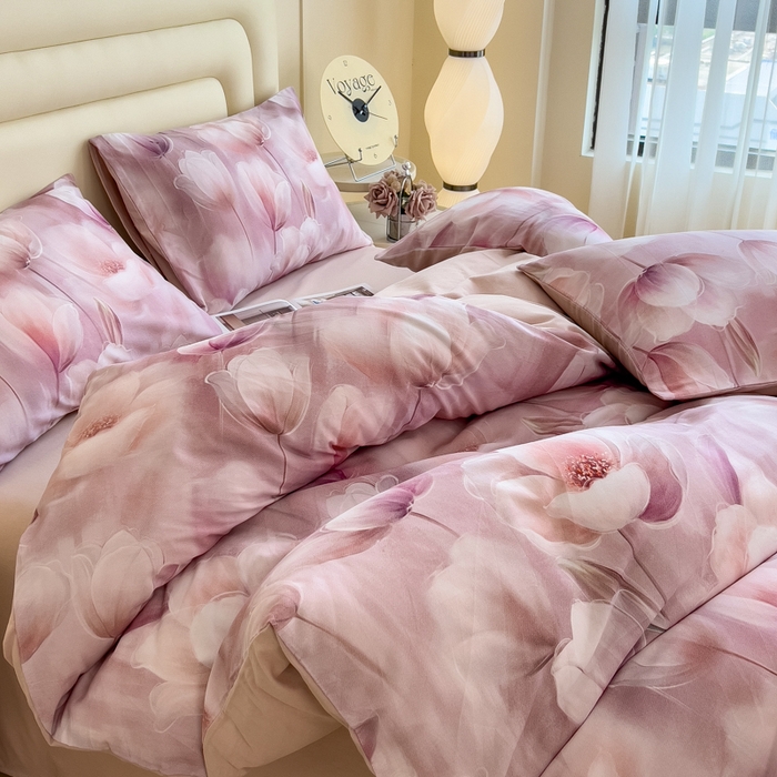 91家纺网 家纺一手货源 找家纺 印季家纺 2025新款数码印花全棉纯棉加厚磨毛四件套 花海（粉）