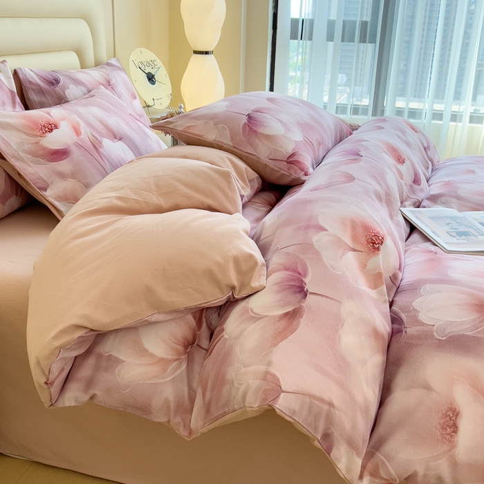 91家纺网 家纺一手货源 找家纺 印季家纺 2025新款数码印花全棉纯棉加厚磨毛四件套 花海（粉）