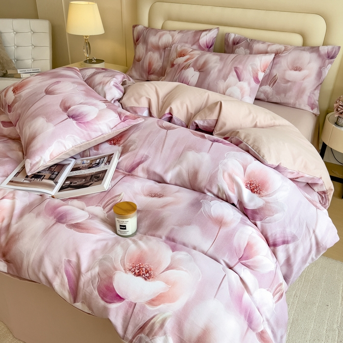 91家纺网 家纺一手货源 找家纺 印季家纺 2025新款数码印花全棉纯棉加厚磨毛四件套 花海（粉）