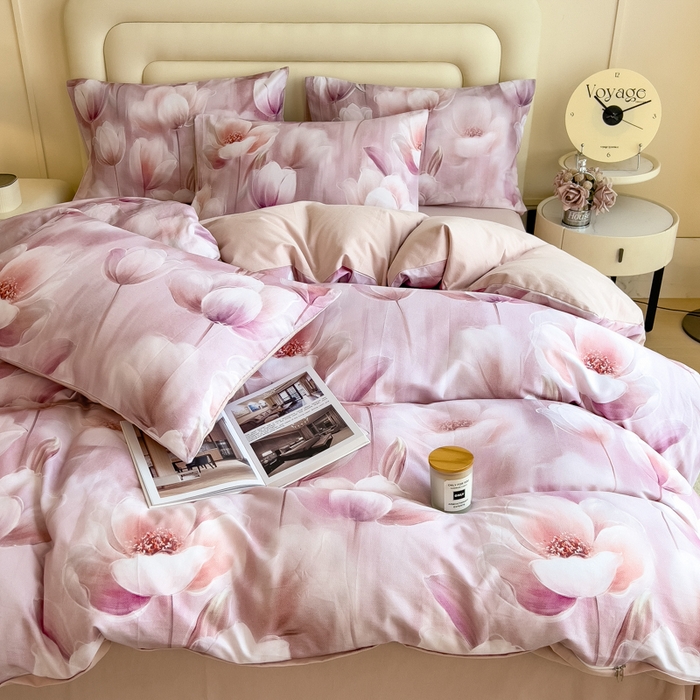 91家纺网 家纺一手货源 找家纺 印季家纺 2025新款数码印花全棉纯棉加厚磨毛四件套 花海（粉）