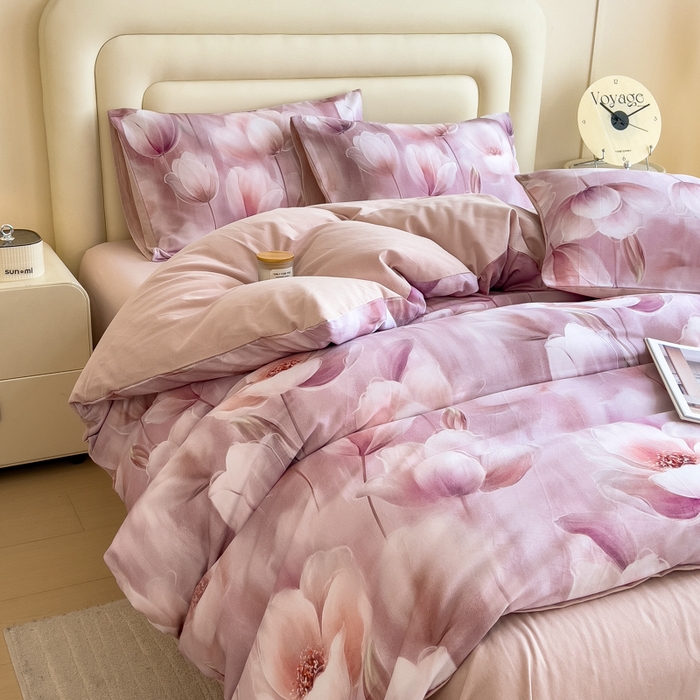 91家纺网 家纺一手货源 找家纺 印季家纺 2025新款数码印花全棉纯棉加厚磨毛四件套 花海（粉）