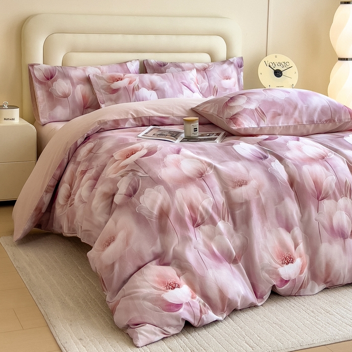 91家纺网 家纺一手货源 找家纺 印季家纺 2025新款数码印花全棉纯棉加厚磨毛四件套 花海（粉）