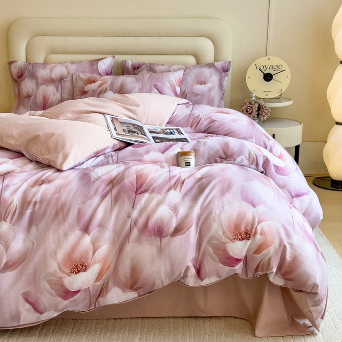 91家纺网 家纺一手货源 找家纺 印季家纺 2025新款数码印花全棉纯棉加厚磨毛四件套 花海（粉）