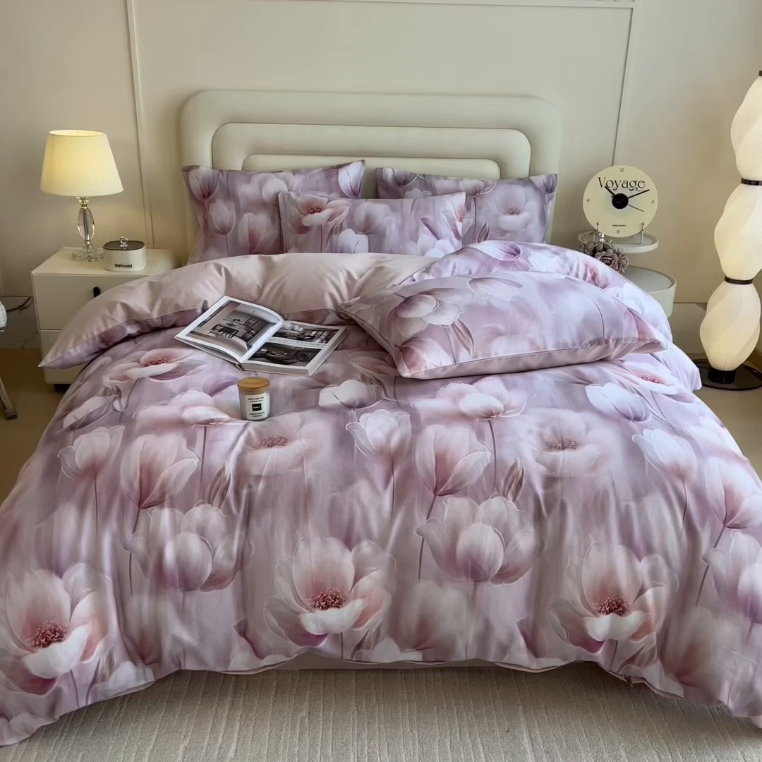 91家纺网 家纺一手货源 找家纺 印季家纺 2025新款数码印花全棉纯棉加厚磨毛四件套 花海（粉）