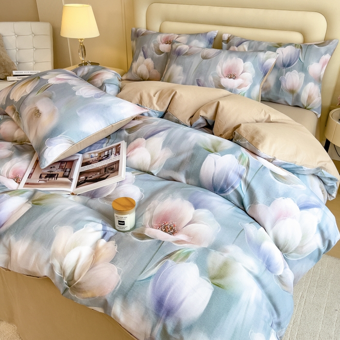 91家纺网 家纺一手货源 找家纺 印季家纺 2025新款数码印花全棉纯棉加厚磨毛四件套 花海（兰）