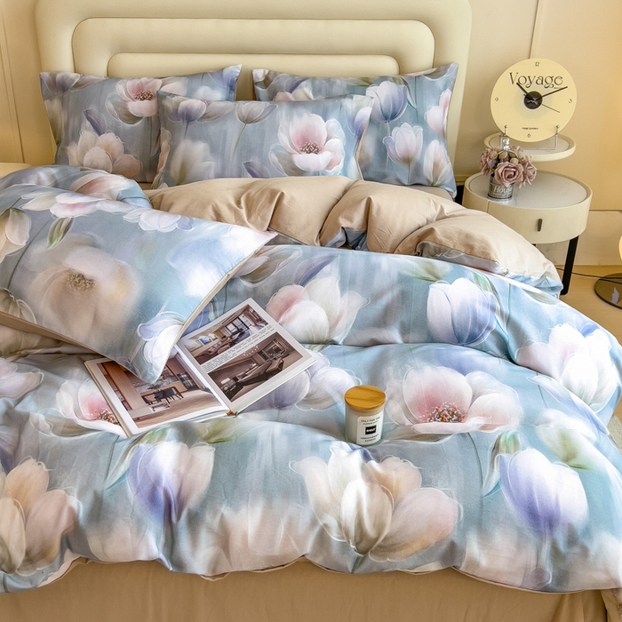 91家纺网 家纺一手货源 找家纺 印季家纺 2025新款数码印花全棉纯棉加厚磨毛四件套 花海（兰）