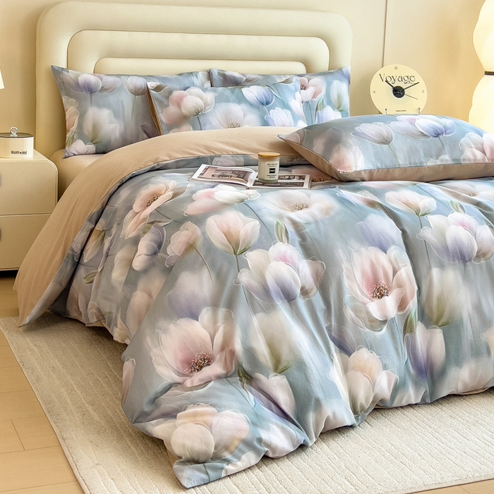 91家纺网 家纺一手货源 找家纺 印季家纺 2025新款数码印花全棉纯棉加厚磨毛四件套 花海（兰）