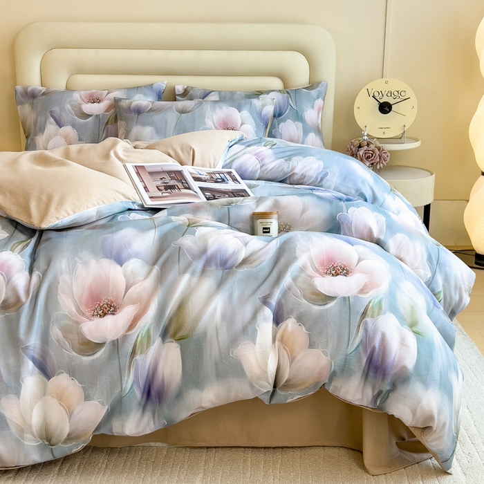 91家纺网 家纺一手货源 找家纺 印季家纺 2025新款数码印花全棉纯棉加厚磨毛四件套 花海（兰）