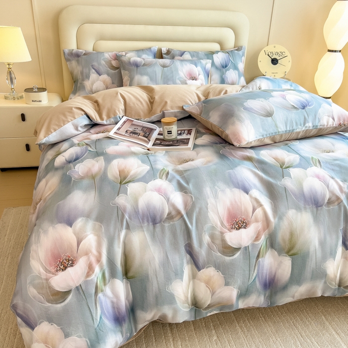 91家纺网 家纺一手货源 找家纺 印季家纺 2025新款数码印花全棉纯棉加厚磨毛四件套 花海（兰）