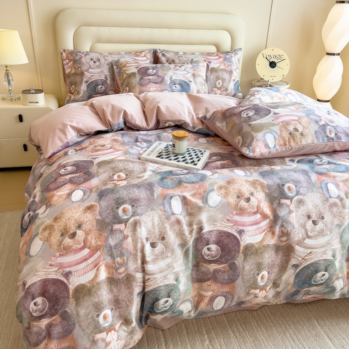 91家纺网 家纺一手货源 找家纺 印季家纺 2025新款数码印花全棉纯棉加厚磨毛四件套 梦幻熊熊（桔）