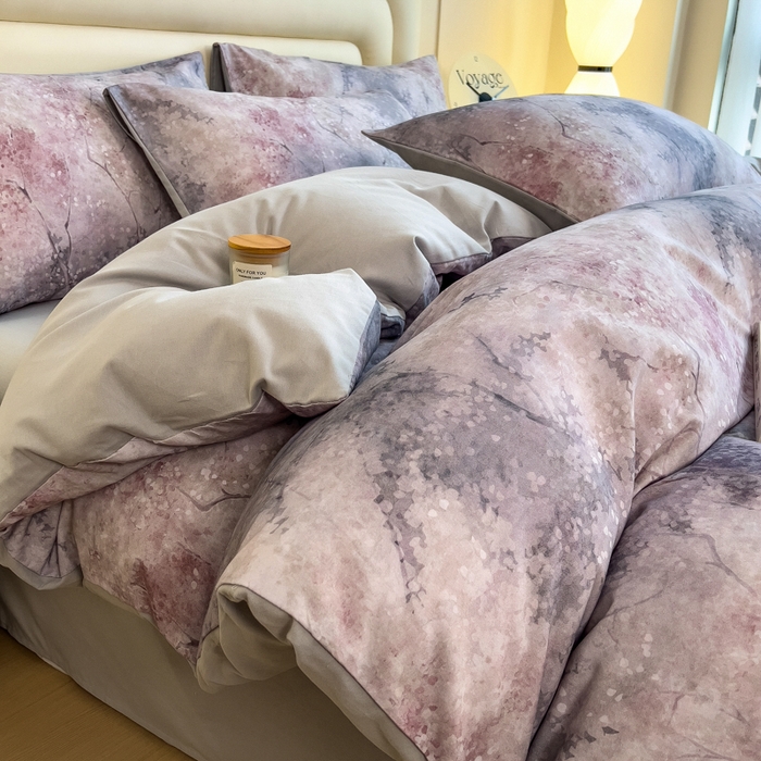 91家纺网 家纺一手货源 找家纺 印季家纺 2025新款数码印花全棉纯棉加厚磨毛四件套 水墨青花（灰）