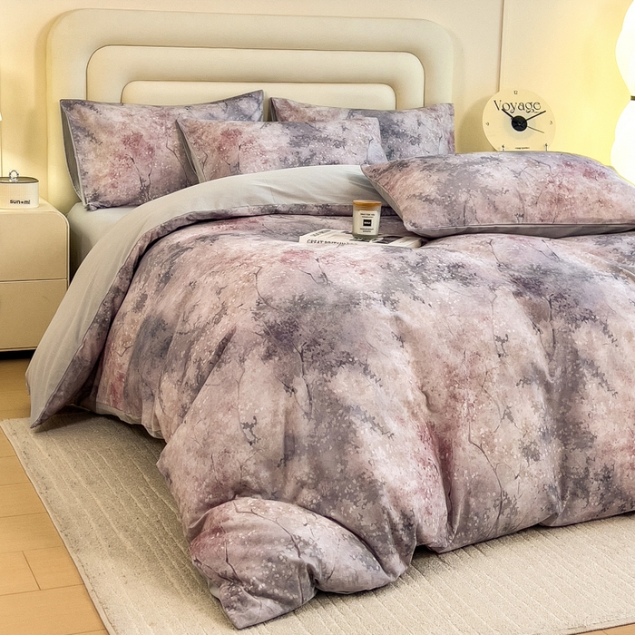 91家纺网 家纺一手货源 找家纺 印季家纺 2025新款数码印花全棉纯棉加厚磨毛四件套 水墨青花（灰）