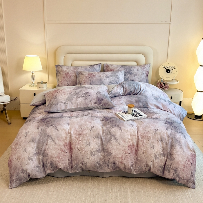 91家纺网 家纺一手货源 找家纺 印季家纺 2025新款数码印花全棉纯棉加厚磨毛四件套 水墨青花（灰）