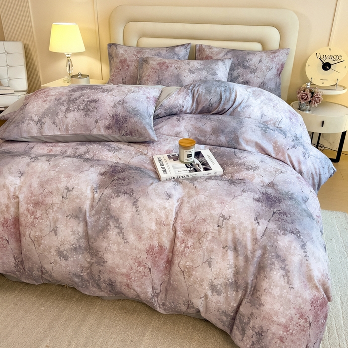 91家纺网 家纺一手货源 找家纺 印季家纺 2025新款数码印花全棉纯棉加厚磨毛四件套 水墨青花（灰）