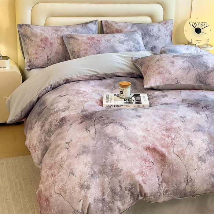 91家纺网 家纺一手货源 找家纺 印季家纺 2025新款数码印花全棉纯棉加厚磨毛四件套 水墨青花（灰）