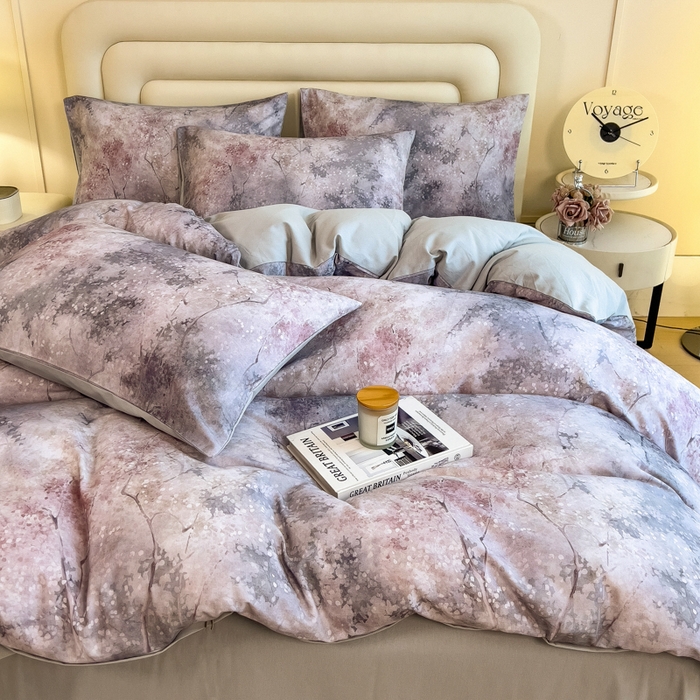 91家纺网 家纺一手货源 找家纺 印季家纺 2025新款数码印花全棉纯棉加厚磨毛四件套 水墨青花（灰）