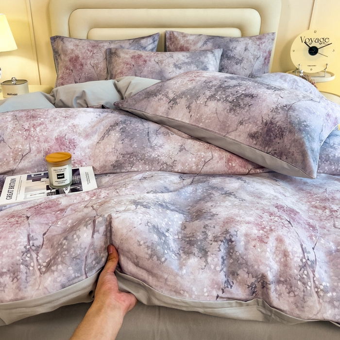 91家纺网 家纺一手货源 找家纺 印季家纺 2025新款数码印花全棉纯棉加厚磨毛四件套 水墨青花（灰）