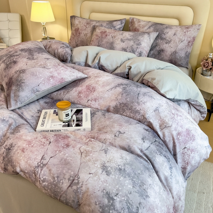 91家纺网 家纺一手货源 找家纺 印季家纺 2025新款数码印花全棉纯棉加厚磨毛四件套 水墨青花（灰）