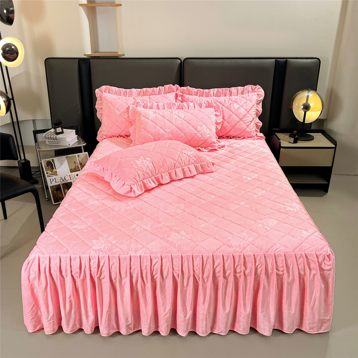 屹成家纺 2025新款压花水晶绒床裙三件套 (床裙单件不低于95元起) 粉玉