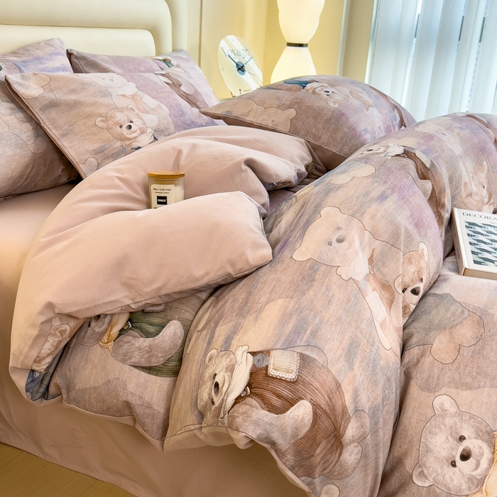 印季家纺 2025新款数码印花全棉纯棉加厚磨毛四件套 熊熊童话（紫）