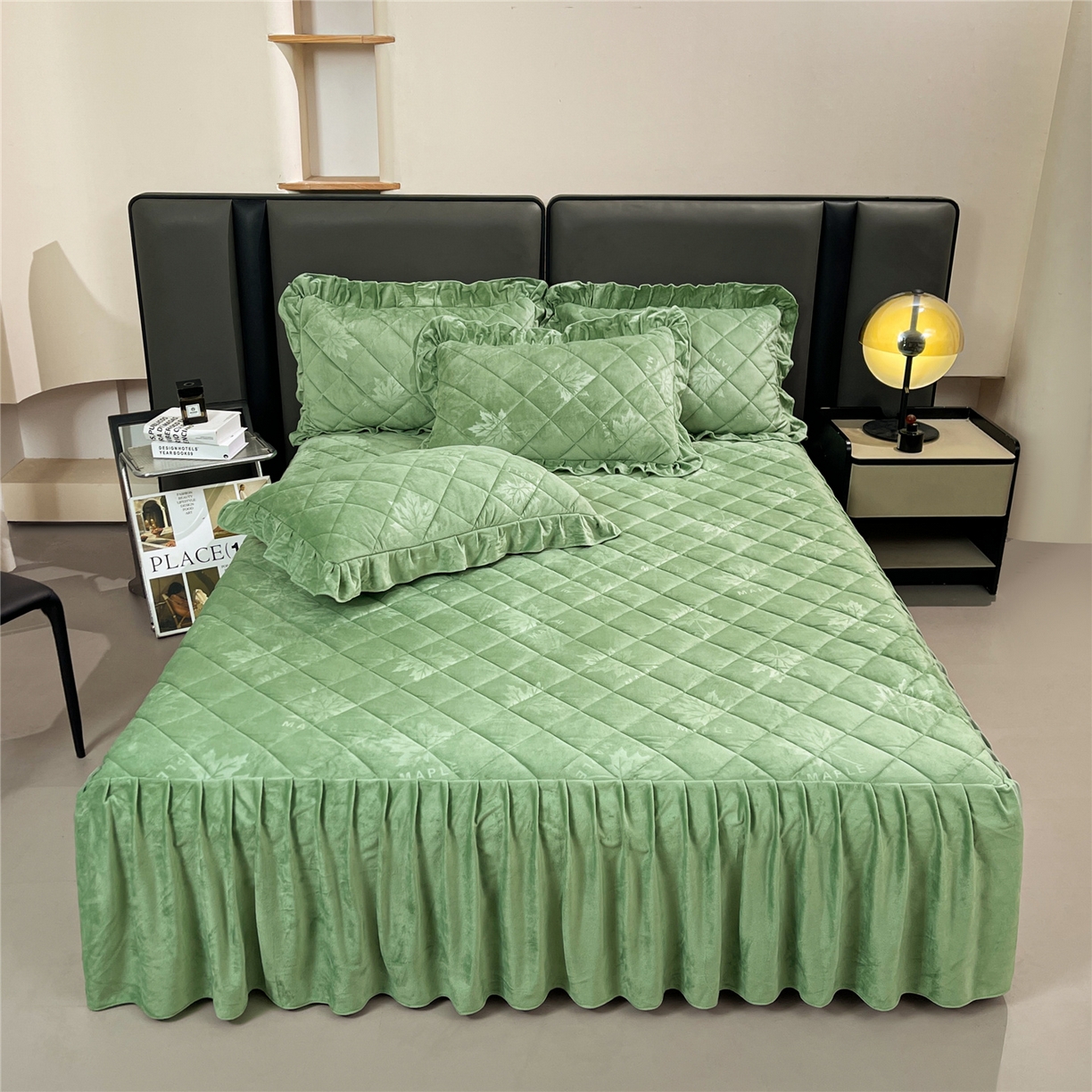 屹成家纺 2025新款压花水晶绒床裙三件套 (床裙单件不低于95元起) 橄榄绿