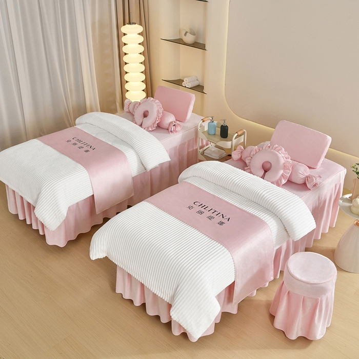 诗薇娅 2025新款加厚兔毛绒美容床罩  美容床罩四件套 白+粉玉