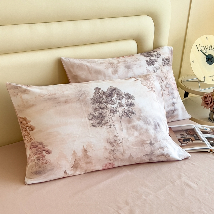 91家纺网 家纺一手货源 找家纺 印季家纺 2025新款数码印花全棉纯棉加厚磨毛四件套 雨若青烟（粉）