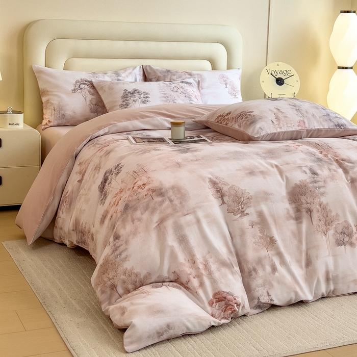 91家纺网 家纺一手货源 找家纺 印季家纺 2025新款数码印花全棉纯棉加厚磨毛四件套 雨若青烟（粉）