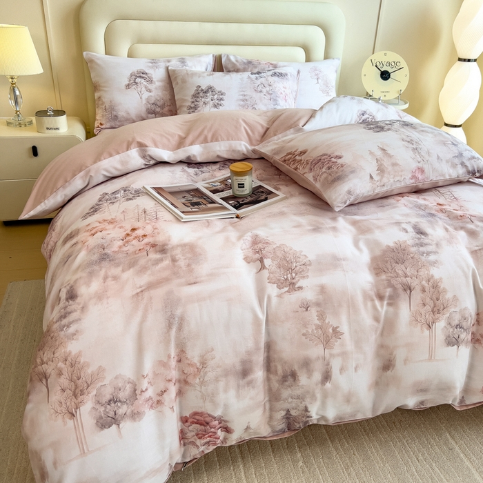 91家纺网 家纺一手货源 找家纺 印季家纺 2025新款数码印花全棉纯棉加厚磨毛四件套 雨若青烟（粉）