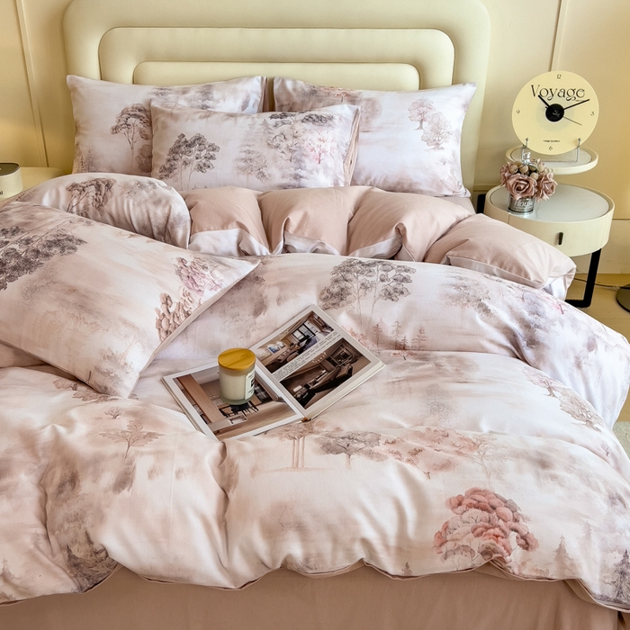 91家纺网 家纺一手货源 找家纺 印季家纺 2025新款数码印花全棉纯棉加厚磨毛四件套 雨若青烟（粉）