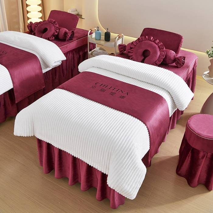 91家纺网 家纺一手货源 找家纺 诗薇娅 2025新款加厚兔毛绒美容床罩  美容床罩四件套 白+红豆沙