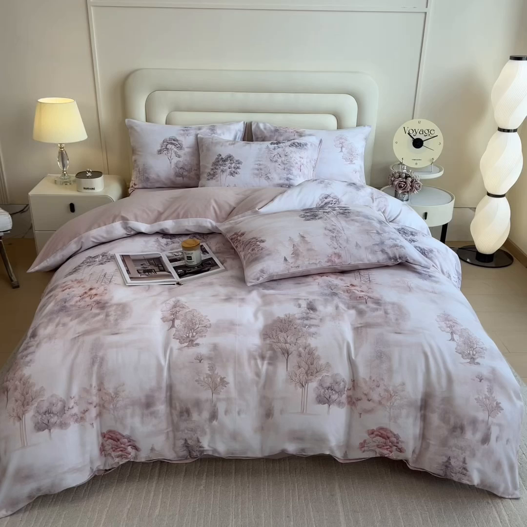 91家纺网 家纺一手货源 找家纺 印季家纺 2025新款数码印花全棉纯棉加厚磨毛四件套 雨若青烟（粉）