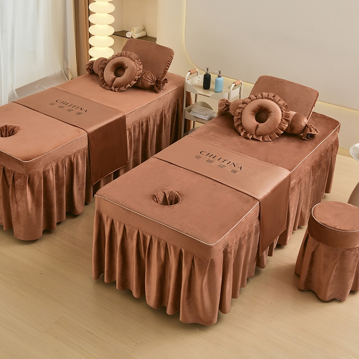 91家纺网 家纺一手货源 找家纺 诗薇娅 2025新款加厚兔毛绒美容床罩  美容床罩四件套 白+咖色