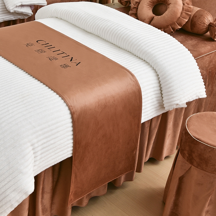 91家纺网 家纺一手货源 找家纺 诗薇娅 2025新款加厚兔毛绒美容床罩  美容床罩四件套 白+咖色