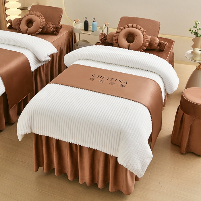 91家纺网 家纺一手货源 找家纺 诗薇娅 2025新款加厚兔毛绒美容床罩  美容床罩四件套 白+咖色