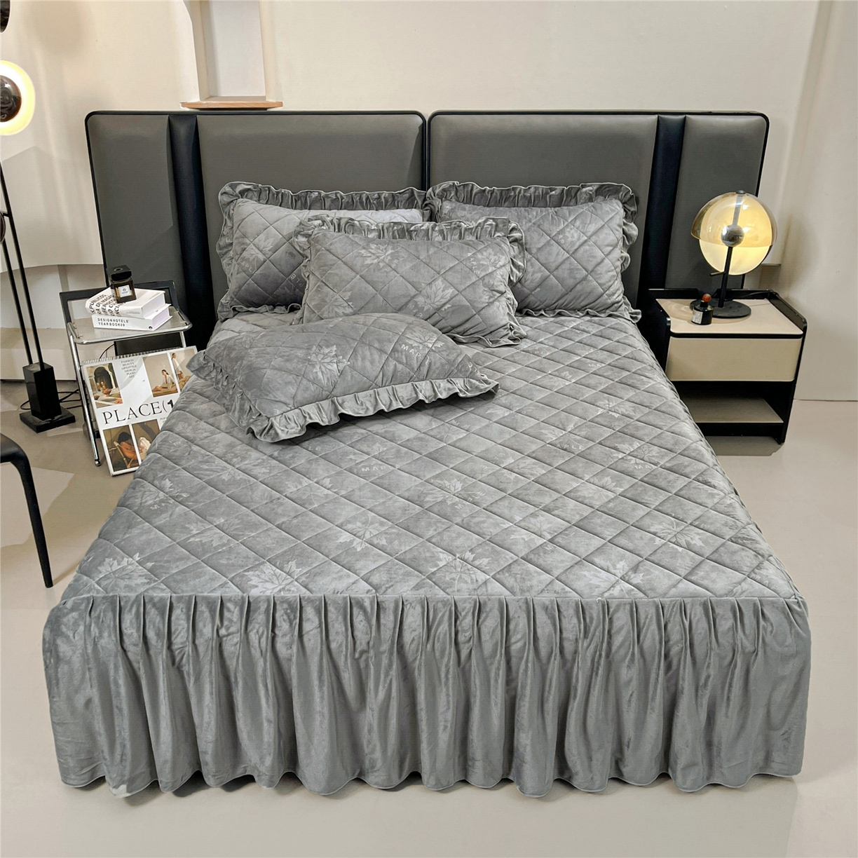 屹成家纺 2025新款压花水晶绒床裙三件套 (床裙单件不低于95元起) 银灰