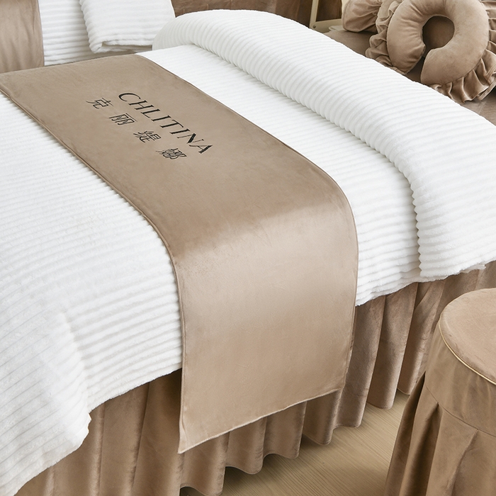 91家纺网 家纺一手货源 找家纺 诗薇娅 2025新款加厚兔毛绒美容床罩  美容床罩四件套 白+卡其