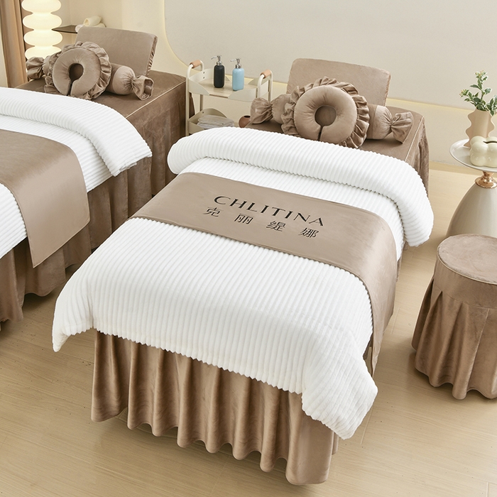 91家纺网 家纺一手货源 找家纺 诗薇娅 2025新款加厚兔毛绒美容床罩  美容床罩四件套 白+卡其