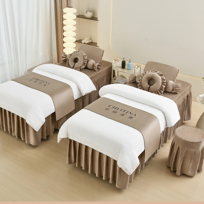 诗薇娅 2025新款加厚兔毛绒美容床罩  美容床罩四件套 白+卡其